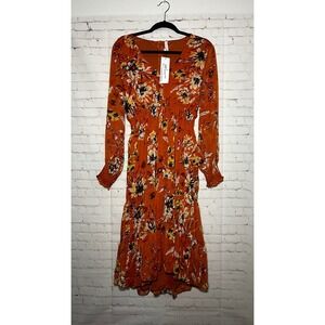 NY Collection Orange Floral Print Midi Chiffon Dress Smocked Waist Long Sleeve L
